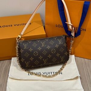 Louis Vuitton Brown Monogram Crossbody Pochette with Gold Chain